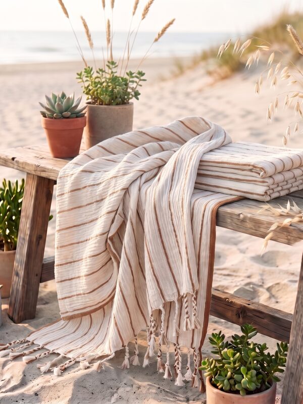 birlik1952 keten linen pamuk koton cotton peştemal beach towel plaj havlusu whosale toptan italy çizgili striped karamel caramel