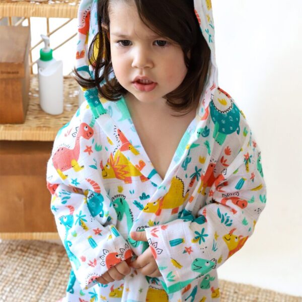 birlik1952 2 kat müslin kumaş gauze bathrobe robe bornoz baby child baskılı printed whosale toptan tekstil denizli dino