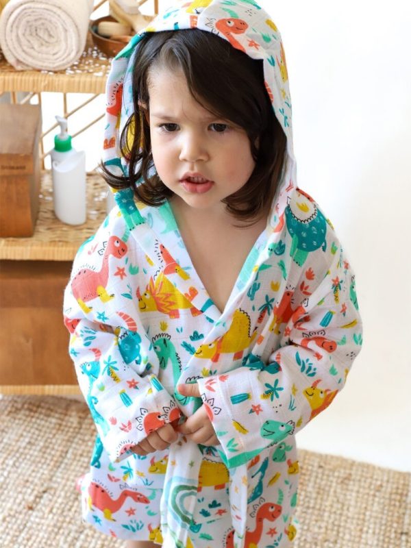 birlik1952 2 kat müslin kumaş gauze bathrobe robe bornoz baby child baskılı printed whosale toptan tekstil denizli dino