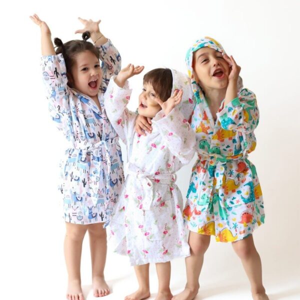 birlik1952 2 kat müslin kumaş gauze bathrobe robe bornoz baby child baskılı printed whosale toptan tekstil denizli flamingo