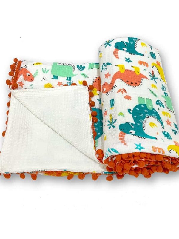 birlik1952 ipliq müslin pike kumaş battaniye çift katlı dino ponpon lunanino