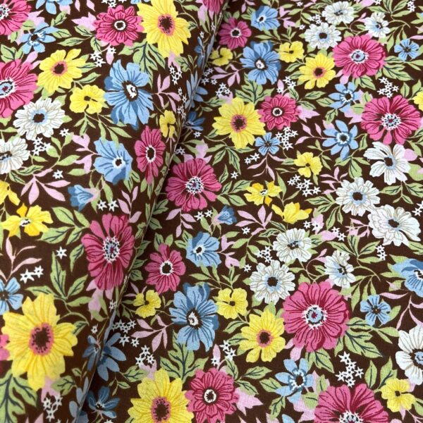 birlik1952 poplin kumaş basma sümerbank çıtır çiçek kumaş bandana kumaşı fabric cotton whosale blossom garden bahçe kahve brown