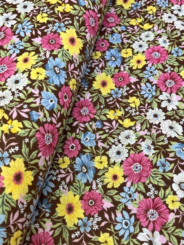 birlik1952 poplin kumaş basma sümerbank çıtır çiçek kumaş bandana kumaşı fabric cotton whosale blossom garden bahçe kahve brown