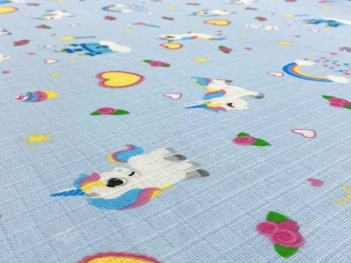 birlik1952 müslin kumaş muslin fabric meter metrelik baby unicorn kalp mavi