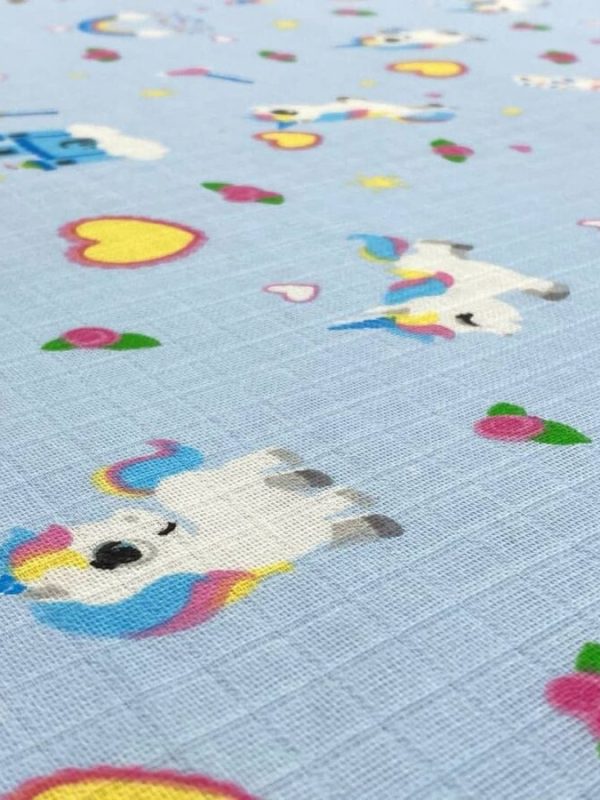 birlik1952 müslin kumaş muslin fabric meter metrelik baby unicorn kalp mavi