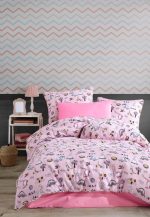 birlik1952 poplin nevresim takımı pamuklu bed linen dikey dino pembe