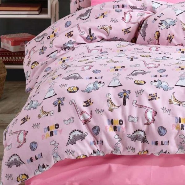 birlik1952 poplin nevresim takımı pamuklu bed linen dikey dino pembe