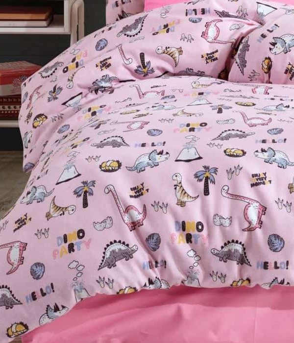 birlik1952 poplin nevresim takımı pamuklu bed linen dikey dino pembe