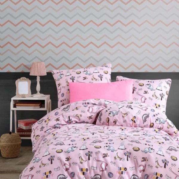 birlik1952 poplin nevresim takımı pamuklu bed linen dikey dino pembe