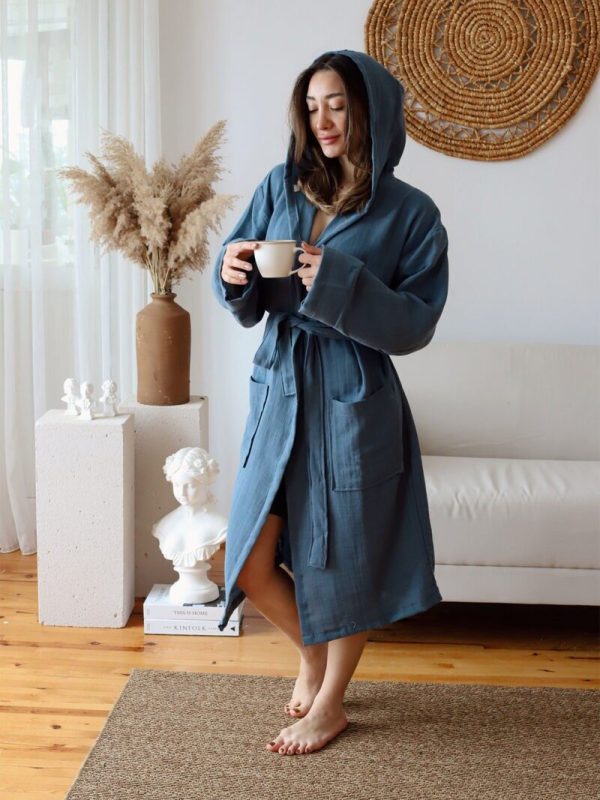 birlik1952 müslin bornoz 2 kat 3 kat 4 kat bathrobe 4 gauze kimono indigo mavi blue