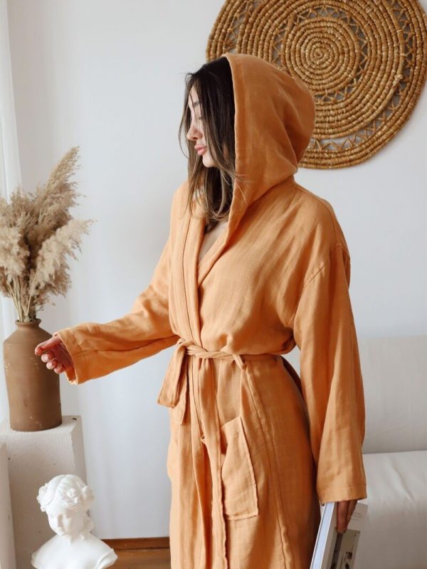 birlik1952 müslin bornoz 2 kat 3 kat 4 kat bathrobe 4 gauze kimono hardal toprak brown
