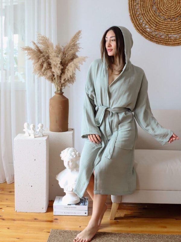 birlik1952 müslin bornoz 2 kat 3 kat 4 kat bathrobe 4 gauze kimono sage green adaçayı yeşil