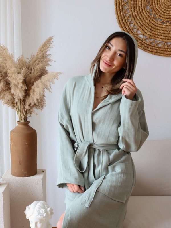 birlik1952 müslin bornoz 2 kat 3 kat 4 kat bathrobe 4 gauze kimono sage green adaçayı yeşil
