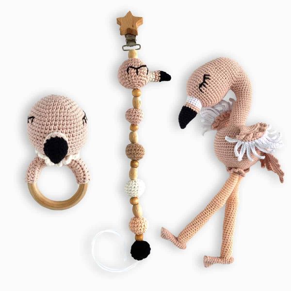 birlik1952 amigurumi çıngırak diş kaşıyıcı emzik askısı oyuncak baby cotton toys rattle teat hanger flamingo