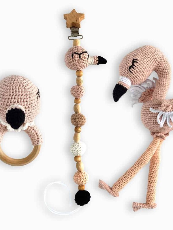 birlik1952 amigurumi çıngırak diş kaşıyıcı emzik askısı oyuncak baby cotton toys rattle teat hanger flamingo