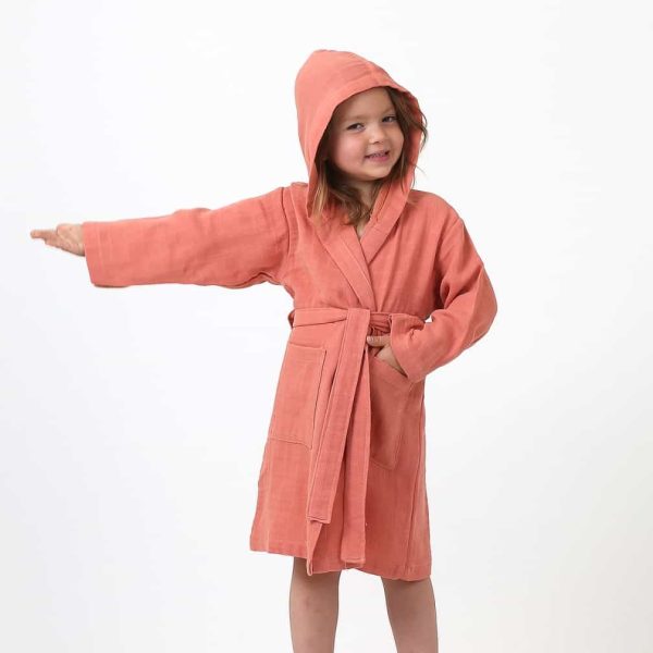 birlik1952 ipliq muslin müslin bathrobe bebek çocuk bornoz terracota red
