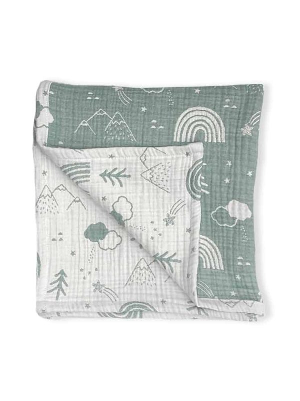 birlik1952 jakarlı battaniye jacquard swaddle blanket 4 müslin gauze layer muslin crinkle krinkle soft cotton rainbow gökkuşağı sage green yeşil