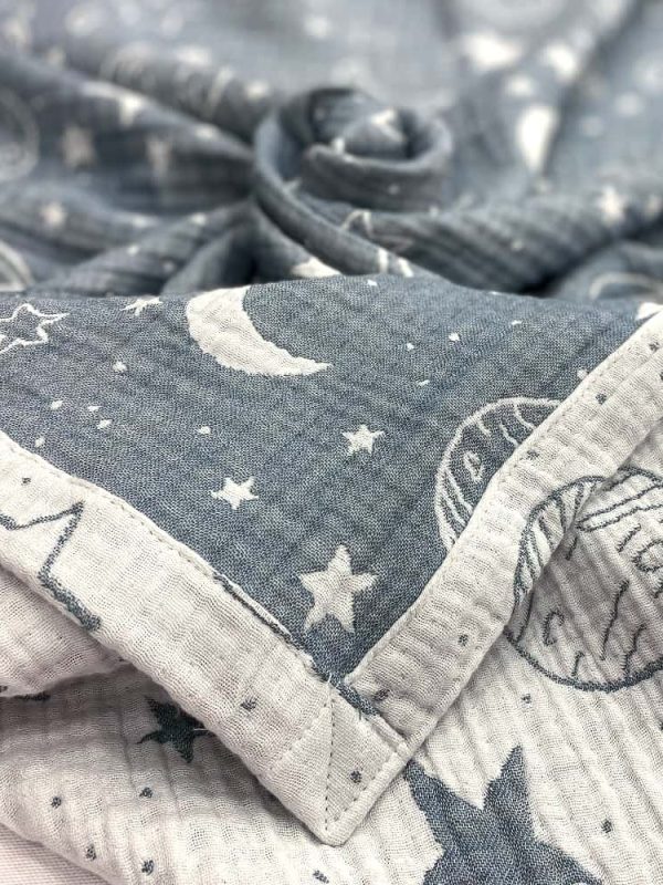 birlik1952 jakarlı battaniye jacquard swaddle blanket 4 müslin gauze layer muslin crinkle krinkle soft cotton uzay planet blue mavi
