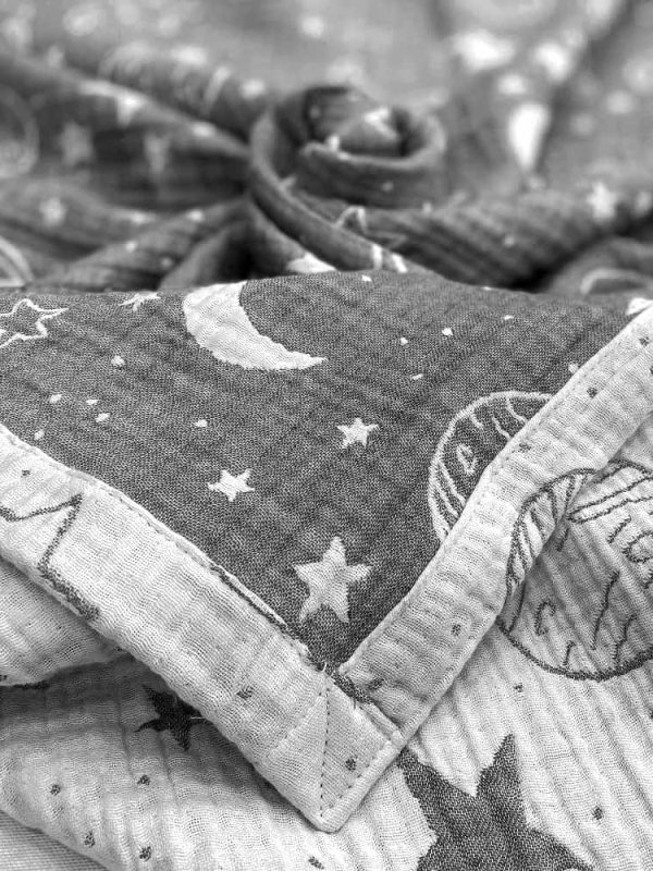 birlik1952 jakarlı battaniye jacquard swaddle blanket 4 müslin gauze layer muslin crinkle krinkle soft cotton uzay planet grey gri antrasit