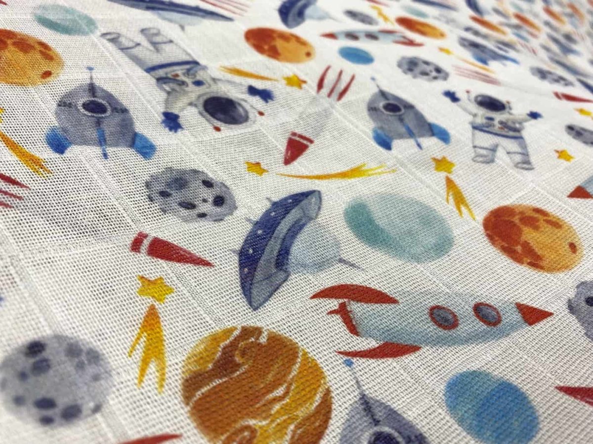 birlik1952 müslin digital print dijital baskı kumaş fabric battaniyesi swaddle blanket uzay planet