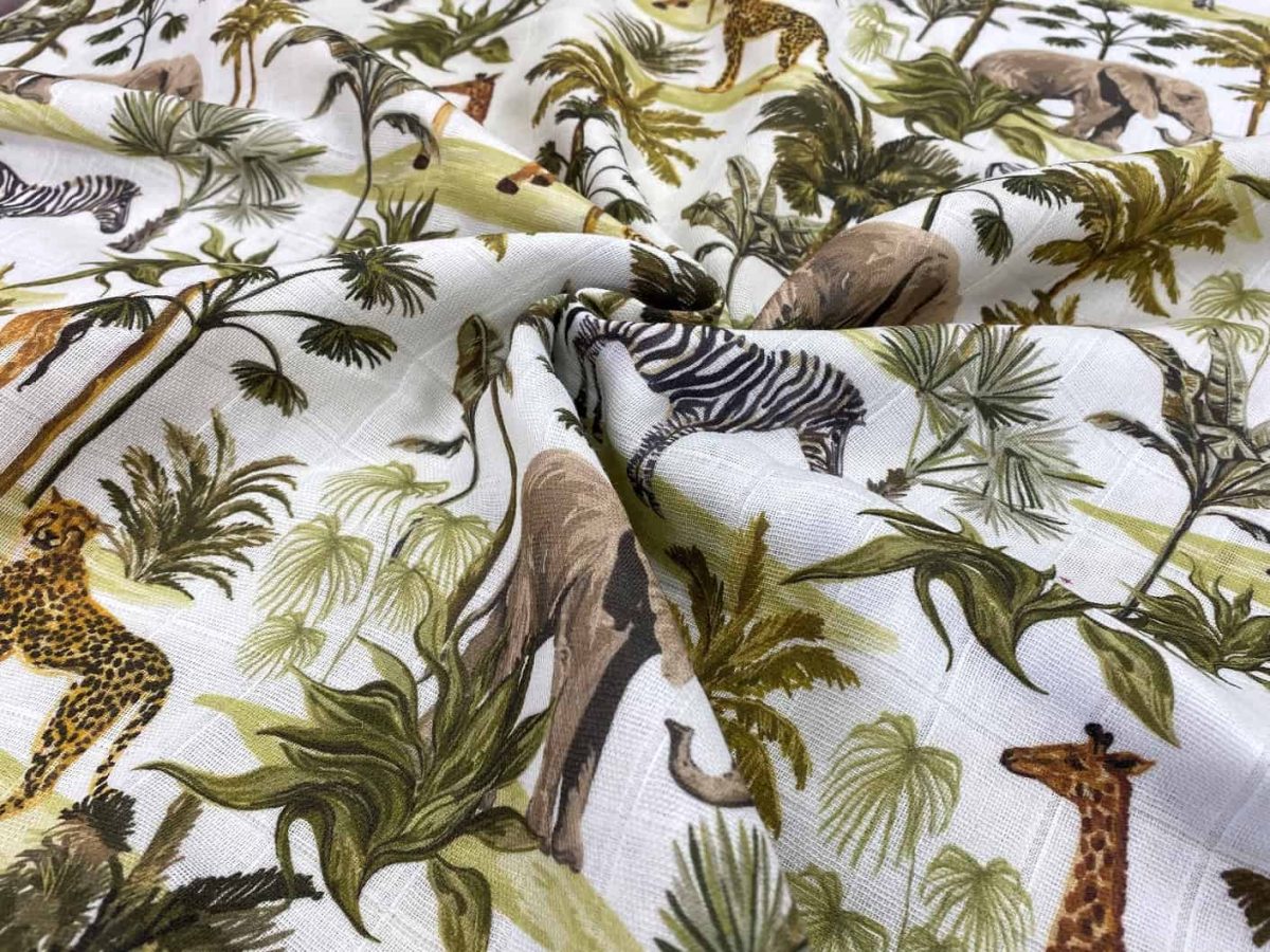 birlik1952 müslin digital print dijital baskı kumaş fabric battaniyesi swaddle blanket tropikal orman forest animals