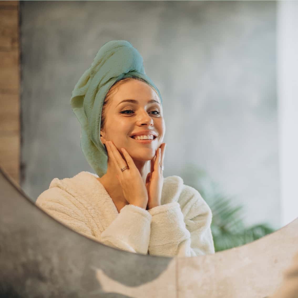 Woman at home applying cream mask birlik1952 head towel baş havlu kafa düğmeli saç kurulama havlusu adaçayı sage yeşil
