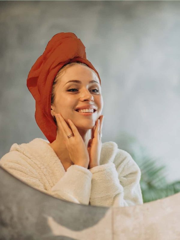 birlik1952 head towel baş havlu kafa düğmeli saç kurulama havlusu terracota kırmızı