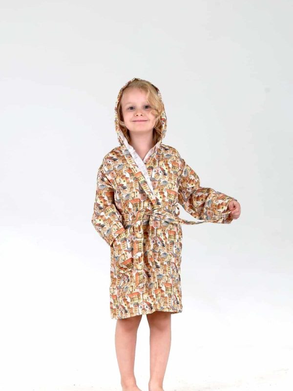 birlik1952 bebek çocuk dijital baskı digital print bornoz 2 kat gauze layer müslin muslin baby child bathrobe ancient buildings