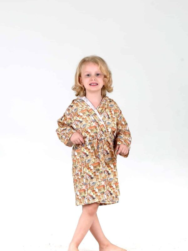 birlik1952 bebek çocuk dijital baskı digital print bornoz 2 kat gauze layer müslin muslin baby child bathrobe ancient buildings