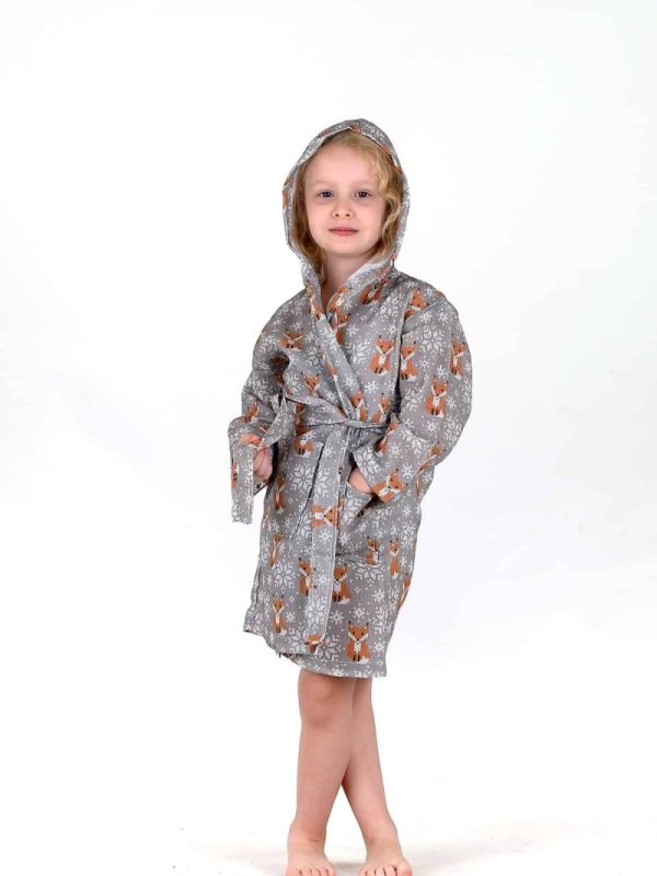 birlik1952 bebek çocuk dijital baskı digital print bornoz 2 kat gauze layer müslin muslin baby child bathrobe fox tilki fuchs nakış emrodieryart