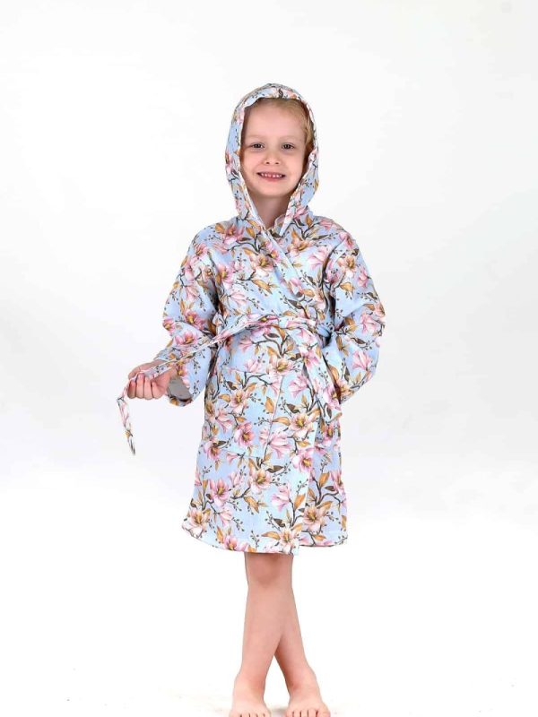 birlik1952 bebek çocuk dijital baskı digital print bornoz 2 kat gauze layer müslin muslin baby child bathrobe magnolia manolya