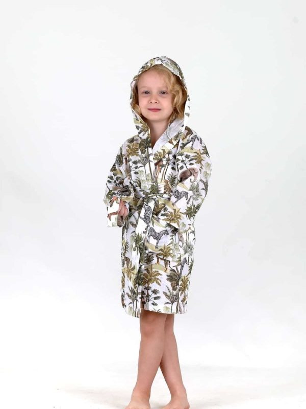 birlik1952 bebek çocuk dijital baskı digital print bornoz 2 kat gauze layer müslin muslin baby child bathrobe wild animals orman hayvanları