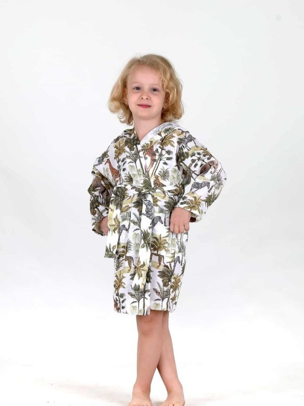 birlik1952 bebek çocuk dijital baskı digital print bornoz 2 kat gauze layer müslin muslin baby child bathrobe wild animals orman hayvanları