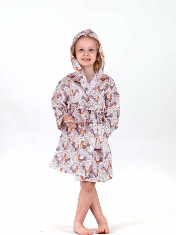 birlik1952 bebek çocuk dijital baskı digital print bornoz 2 kat gauze layer müslin muslin baby child bathrobe horoz rooster