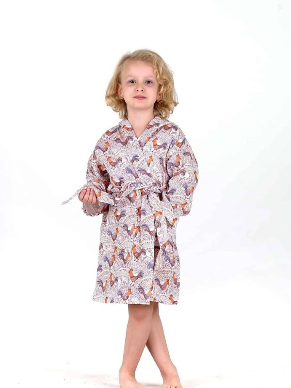 birlik1952 bebek çocuk dijital baskı digital print bornoz 2 kat gauze layer müslin muslin baby child bathrobe horoz rooster
