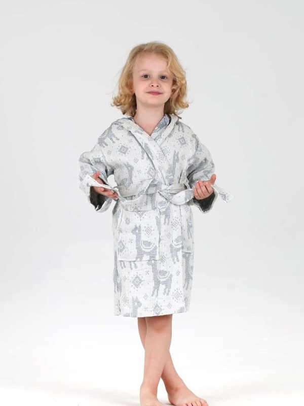 birlik1952 bebek çocuk jakarlı bornoz müslin 3 kat gauze muslin layer 4 kat crinkle krinkle jaquard baby child bathrobe lama mavi blue