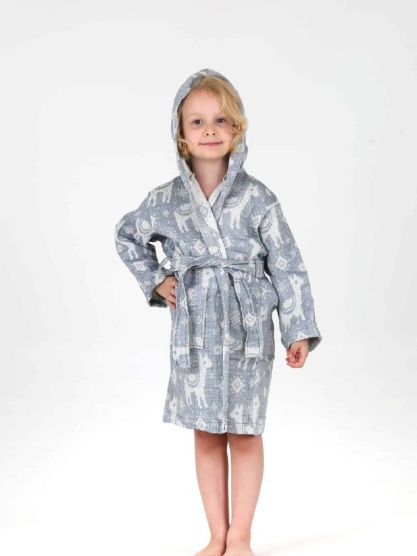 birlik1952 bebek çocuk jakarlı bornoz müslin 3 kat gauze muslin layer 4 kat crinkle krinkle jaquard baby child bathrobe lama mavi blue