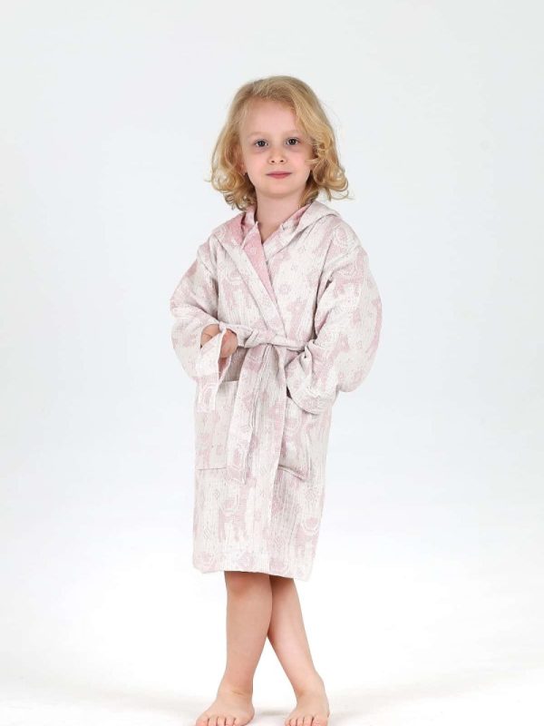 birlik1952 bebek çocuk jakarlı bornoz müslin 3 kat gauze muslin layer 4 kat crinkle krinkle jaquard baby child bathrobe lama pembe pink