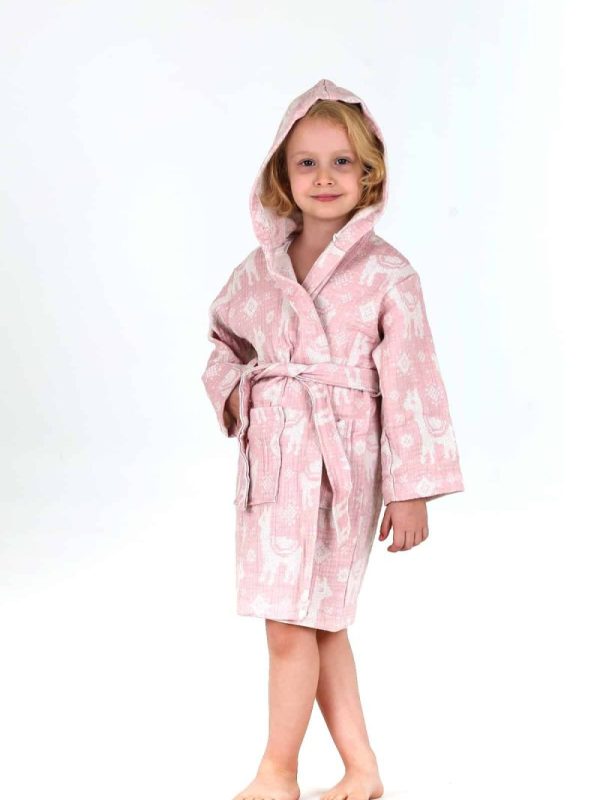 birlik1952 bebek çocuk jakarlı bornoz müslin 3 kat gauze muslin layer 4 kat crinkle krinkle jaquard baby child bathrobe lama pembe pink