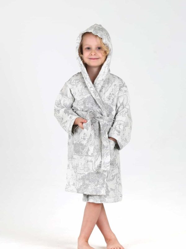 birlik1952 bebek çocuk jakarlı bornoz müslin 3 kat gauze muslin layer 4 kat crinkle krinkle jaquard baby child bathrobe wild animals orman grey gri