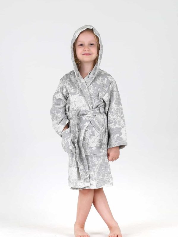 birlik1952 bebek çocuk jakarlı bornoz müslin 3 kat gauze muslin layer 4 kat crinkle krinkle jaquard baby child bathrobe wild animals orman grey gri