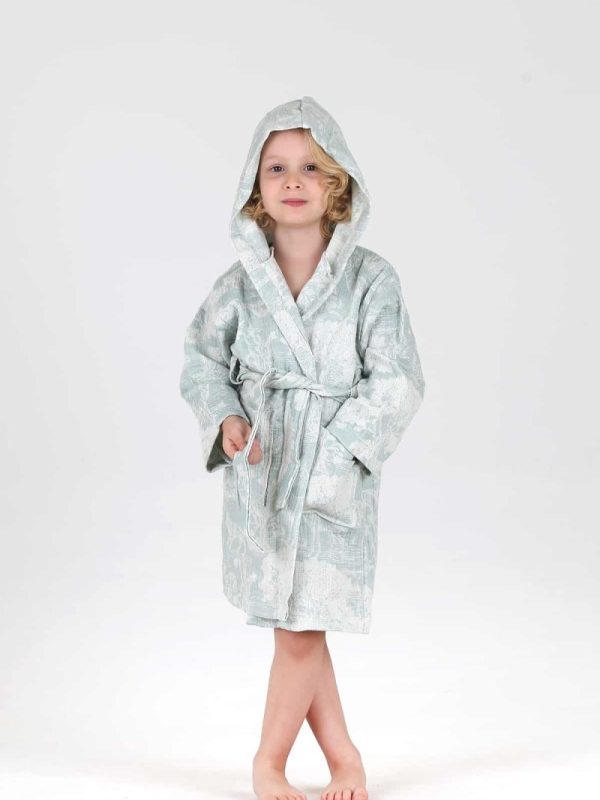 birlik1952 bebek çocuk jakarlı bornoz müslin 3 kat gauze muslin layer 4 kat crinkle krinkle jaquard baby child bathrobe wild animals orman mint