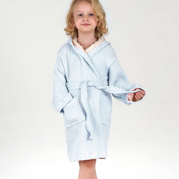 birlk1952 bebek çocuk jakarlı bornoz gauze muslin layer 4 kat crinkle krinkle baby child bathrobe blue mavi