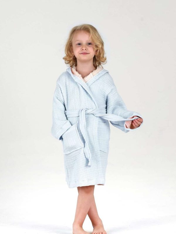 birlk1952 bebek çocuk jakarlı bornoz gauze muslin layer 4 kat crinkle krinkle baby child bathrobe blue mavi