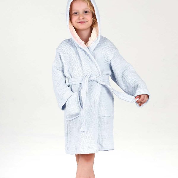 birlk1952 bebek çocuk jakarlı bornoz gauze muslin layer 4 kat crinkle krinkle baby child bathrobe blue mavi