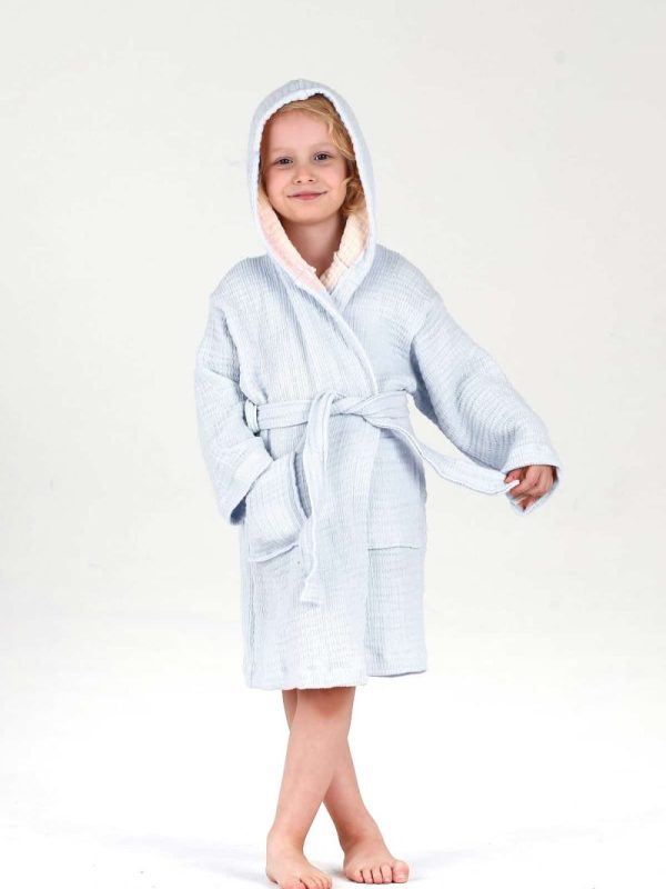 birlk1952 bebek çocuk jakarlı bornoz gauze muslin layer 4 kat crinkle krinkle baby child bathrobe blue mavi