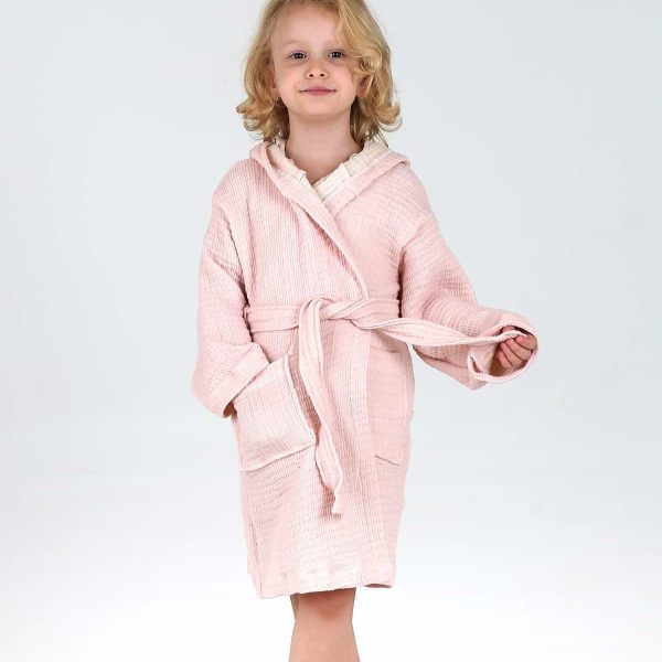 birlk1952 bebek çocuk jakarlı bornoz gauze muslin layer 4 kat crinkle krinkle baby child bathrobe pembe pink