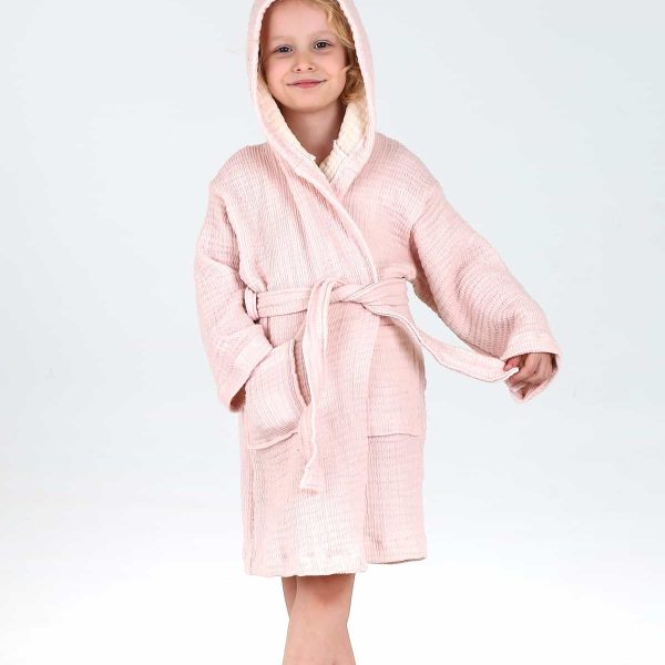 birlk1952 bebek çocuk jakarlı bornoz gauze muslin layer 4 kat crinkle krinkle baby child bathrobe pembe pink