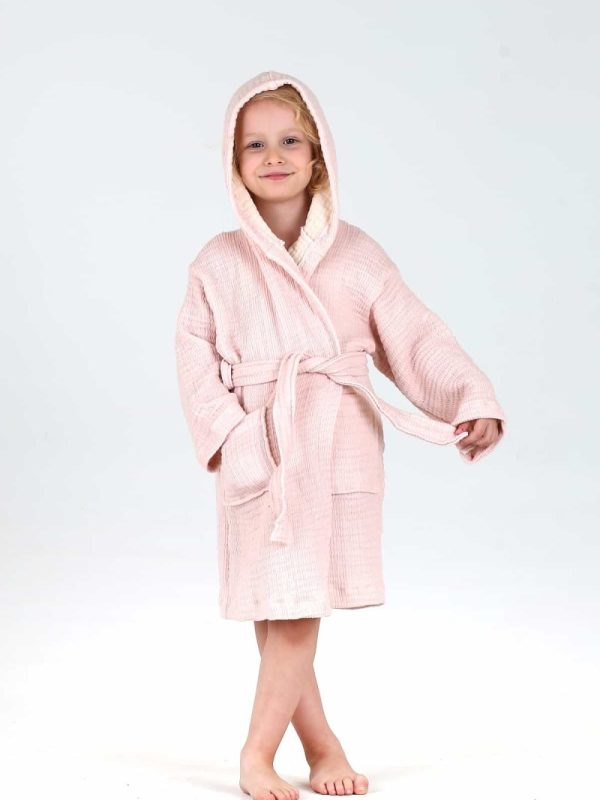 birlk1952 bebek çocuk jakarlı bornoz gauze muslin layer 4 kat crinkle krinkle baby child bathrobe pembe pink