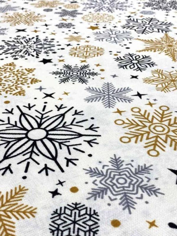 birlik1952 duck çok amaçlı dekoratif kumaş panama keteni fabric linen waterproof christmas yılbaşı desen kar tanesi snow flakes beyaz